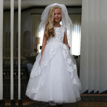 Karšto Pardavimo Baltoji Princesė Kamuolys Suknelė Nėrinių Gėlių Mergaičių Suknelės su Švarko Rankovių Šventosios Komunijos Suknelės Atgal Zawalcowany 2021 12220