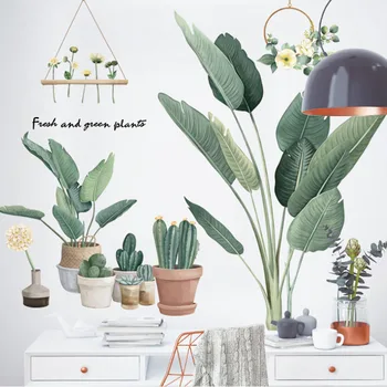 Kaktusas vazoninių augalų sienos lipdukai kambarį Eco-friendly Vinilo Žalias Lapas 