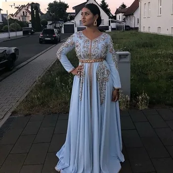 Blue Moroccan caftan Evening Dresses 2021 V Neck Crystal Muslim Special Occasion Dresses Algeria Arabic Party Gowns 4677