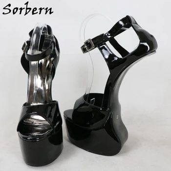 Sorbern Juoda Patentų Moterų Sandalai Platforma 22Cm Heelless Slingback Vasaros Batai Kulkšnies Dirželiai Custom Panele Batų Fetišas Ne Kulniukai 5660