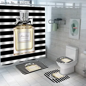 4 Gabalus Black White Stripes Dušo Užuolaidos Rinkiniai Su Kilimų Tualeto Kilimėlis 3D Spausdinimo Kvepalai Vonios kambarys Dušo Užuolaidos Vonios kambarys Dekoro 7401