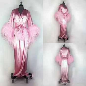 Rožinė 2020 Plunksnų Moterų Chalatas Ilgomis Rankovėmis Seksualus Pižamą Giliai V Kaklo Ruffles Sleepwear Chalatas, Pižama Prom Bridesmaid Shawel 0