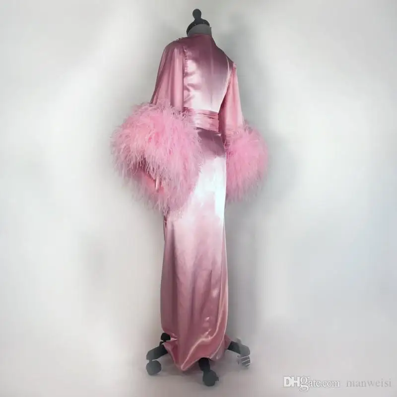 Rožinė 2020 Plunksnų Moterų Chalatas Ilgomis Rankovėmis Seksualus Pižamą Giliai V Kaklo Ruffles Sleepwear Chalatas, Pižama Prom Bridesmaid Shawel 1