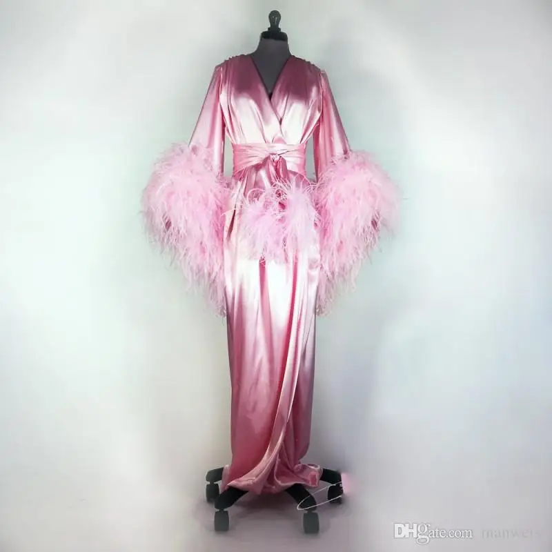 Rožinė 2020 Plunksnų Moterų Chalatas Ilgomis Rankovėmis Seksualus Pižamą Giliai V Kaklo Ruffles Sleepwear Chalatas, Pižama Prom Bridesmaid Shawel 2