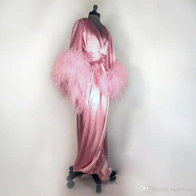 Rožinė 2020 Plunksnų Moterų Chalatas Ilgomis Rankovėmis Seksualus Pižamą Giliai V Kaklo Ruffles Sleepwear Chalatas, Pižama Prom Bridesmaid Shawel 3